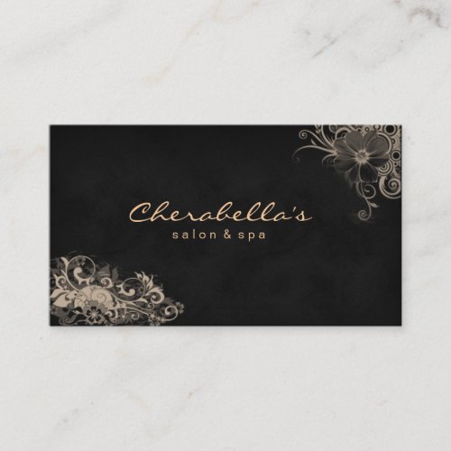 Trendy Salon Spa Floral Business Card Black Beige