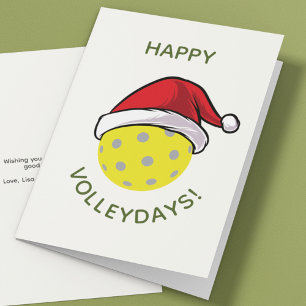 Trendy Santa Cap Pickleball White Christmas Holiday Card
