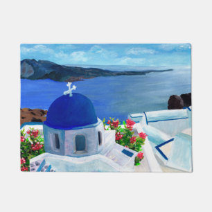 Trendy Santorini Greece Illustration Doormat
