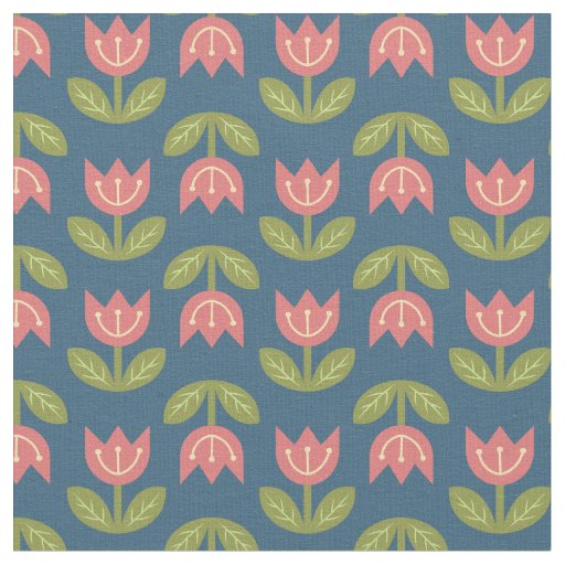 Trendy scandinavian red tulip on blue background fabric