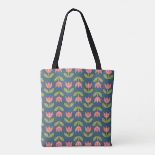Trendy scandinavian red tulip on blue background tote bag