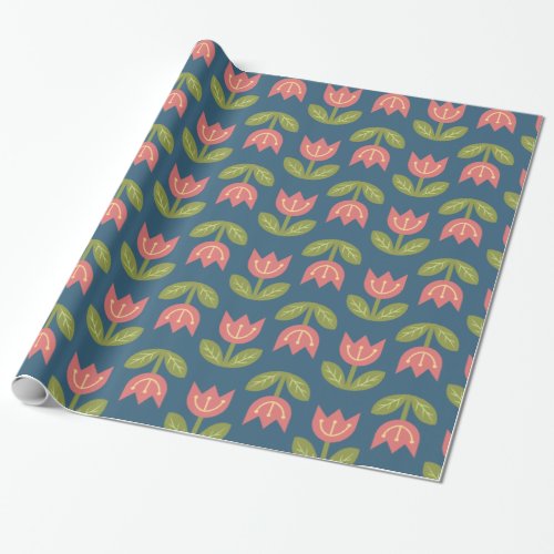 Trendy scandinavian red tulip on blue background wrapping paper