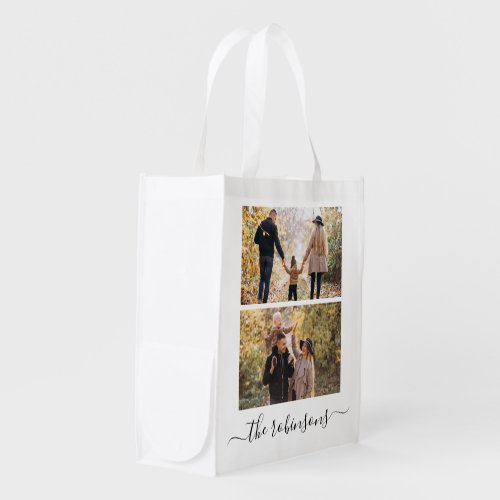 Trendy Script 2 Photo Collage Personalized Grocery Bag