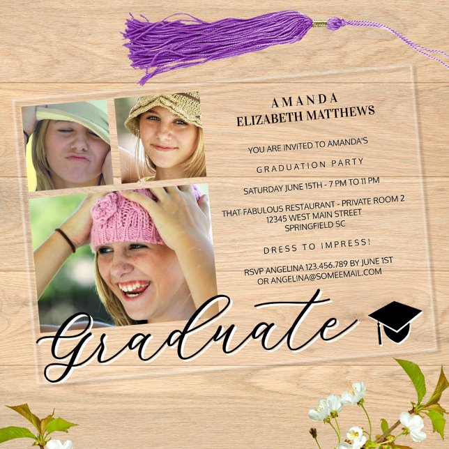 Trendy Script 3 Photo Black And White Graduation Acrylic Invitations (This three photo collage design with a girly script detail celebrates your graduate in style)