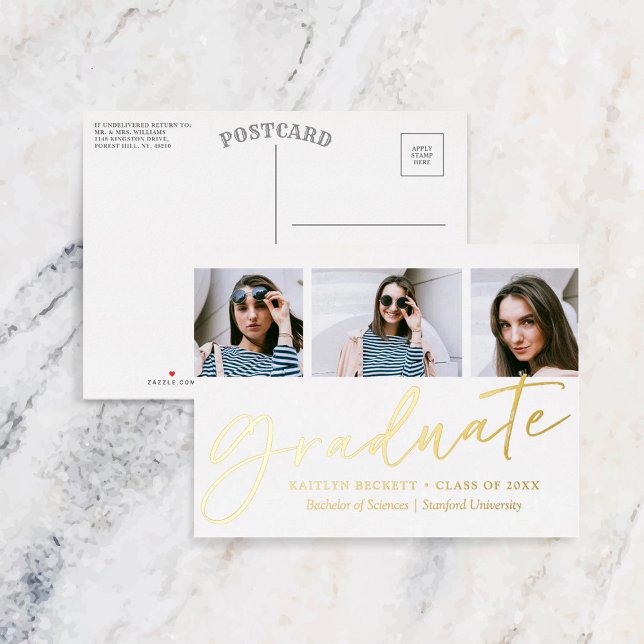 Trendy Script 3 Photo Graduation Real Foil Invitation Postcard (Creator Uploaded)