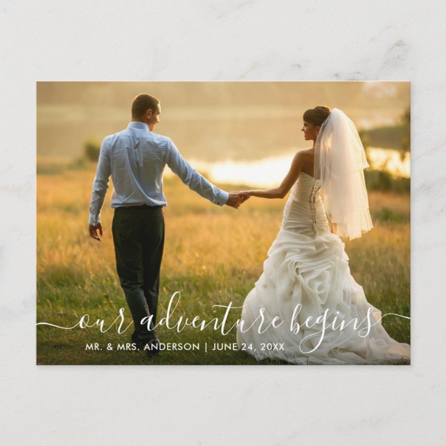 Trendy Script Adventure Begins Wedding Thank You Postcard (Front)