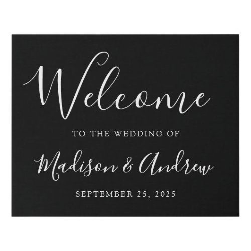 Trendy Script Black and White Wedding Welcome Faux Canvas Print
