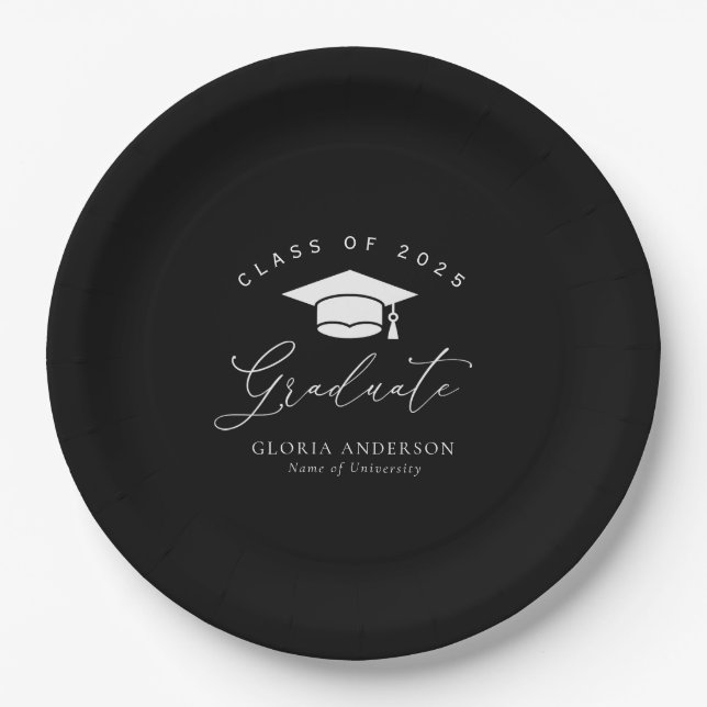 trendy script black graduation paper plates (Front)