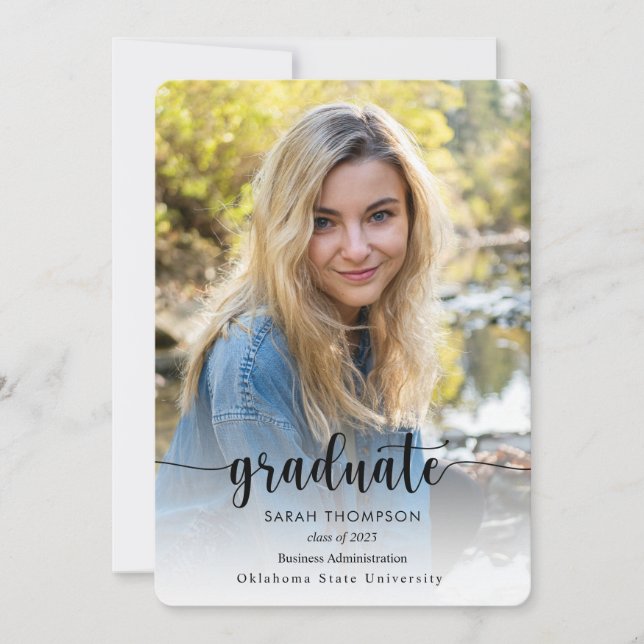 Trendy Script Black White Photo Collage Graduation Announcement (Front)