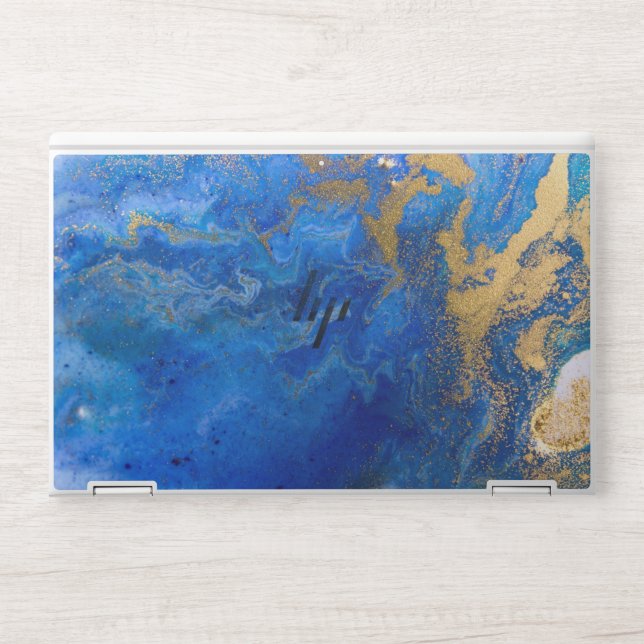 trendy script blue rose gold glitter marble HP laptop skin (Front)