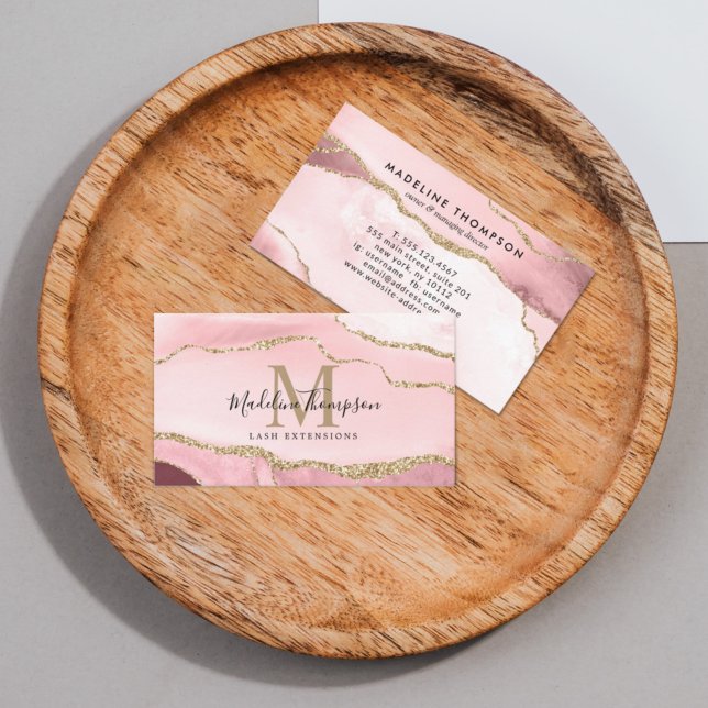 Trendy Script Blush Pink Agate Geode Gold Monogram Business Card (Creator Uploaded)