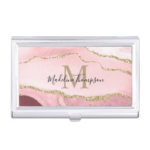 Trendy Script Blush Pink Agate Geode Gold Monogram Business Card Case