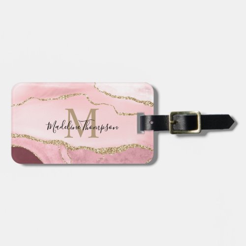 Trendy Script Blush Pink Agate Geode Gold Monogram Luggage Tag