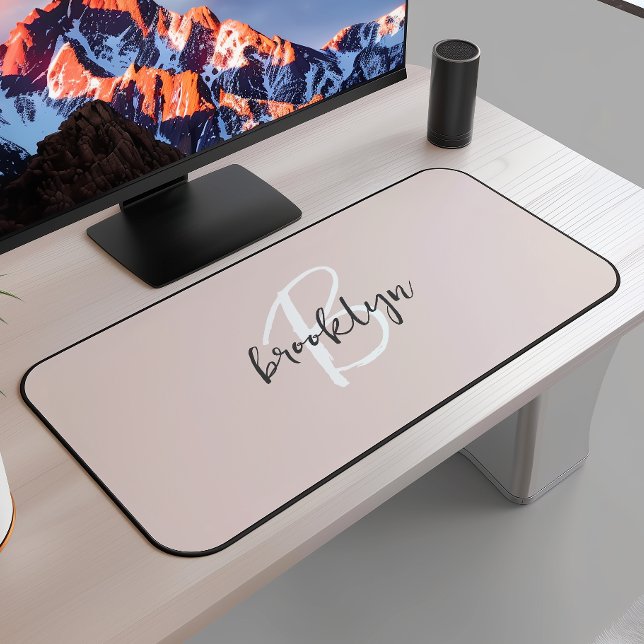 Trendy Script Blush Pink Gray Monogram Name Desk Mat (Creator Uploaded)