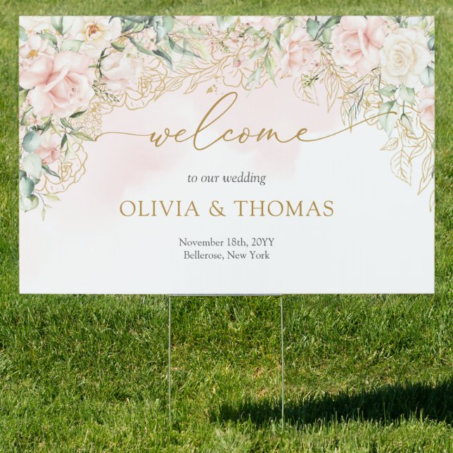 Trendy script blush roses gold sage Welcome  Sign (Insitu)