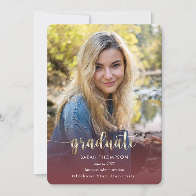 Trendy Script Burgundy Photo Collage Graduation Announcement (Front)