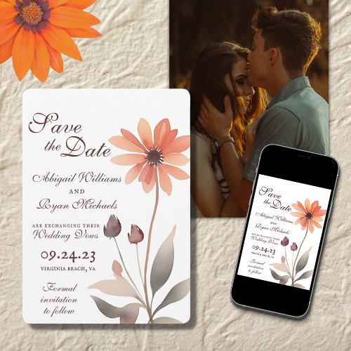 Trendy Script Burnt Orange Flower Photo Wedding Save The Date