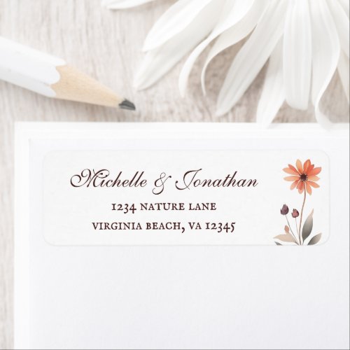 Trendy Script Burnt Orange Flower Wedding Address Label