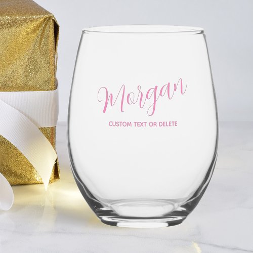 Trendy Script Calligraphy Personalized Custom Pink Stemless Wine Glass
