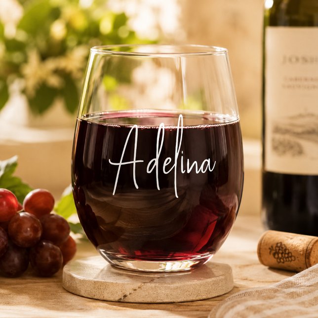 Trendy Script Custom Name Wedding Bridesmaid Favor Stemless Wine Glass (Creator Uploaded)