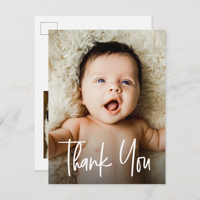 Trendy Script Custom Photos Baby Thank You Postcard (Front/Back)
