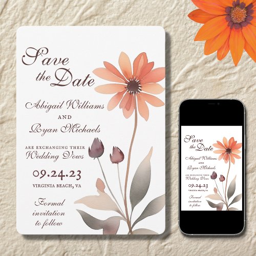 Trendy Script Floral Burnt Orange Flower Wedding Save The Date