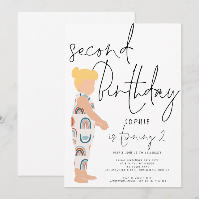Trendy Script Girl Blonde Rainbows 2nd birthday In Invitation (Front/Back)