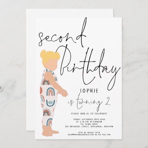 Trendy Script Girl Blonde Rainbows 2nd birthday In Invitation