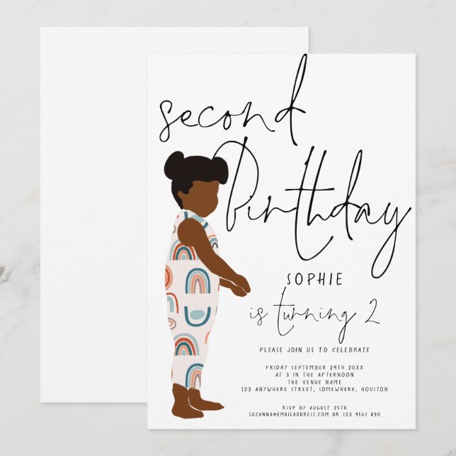 Trendy Script Girl Dark Hair Rainbows 2nd birthday Invitation (Front/Back)