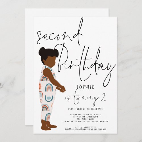 Trendy Script Girl Dark Hair Rainbows 2nd birthday Invitation