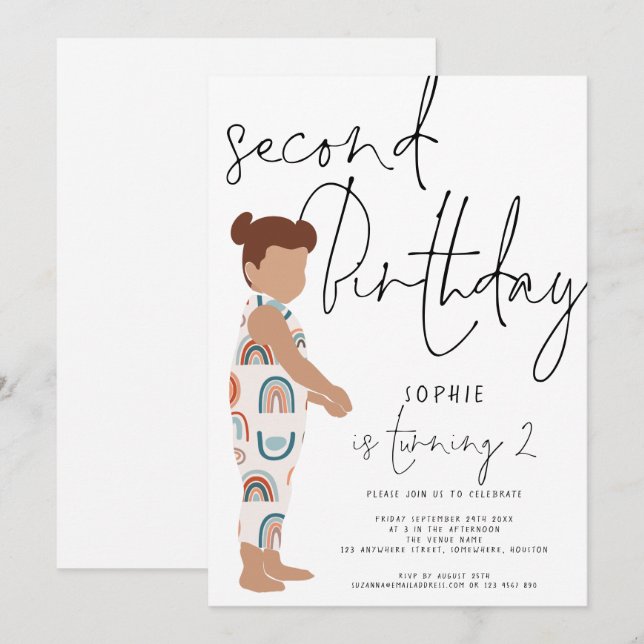 Trendy Script Girl Rainbows 2nd birthday Invitation (Front/Back)