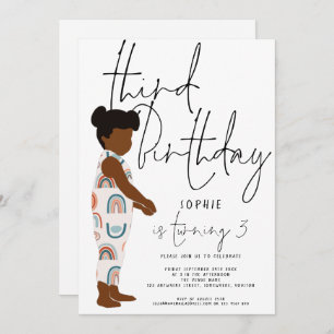 Trendy Script Girl Rainbows Dark Hair 3rd birthday Invitation