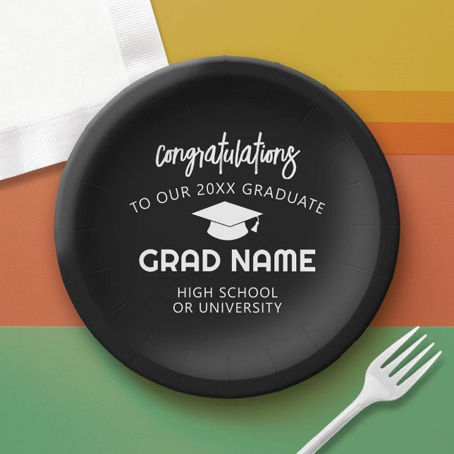 Trendy Script Graduation Party - Black Paper Plates (Custom Graduation Paper Plate)