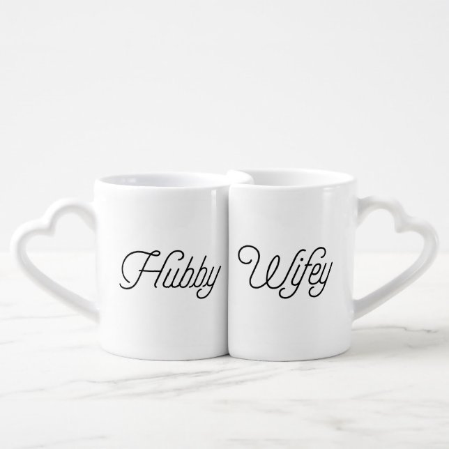 Trendy Script "Hubby and Wifey" Coffee Mug Set (Front Nesting)