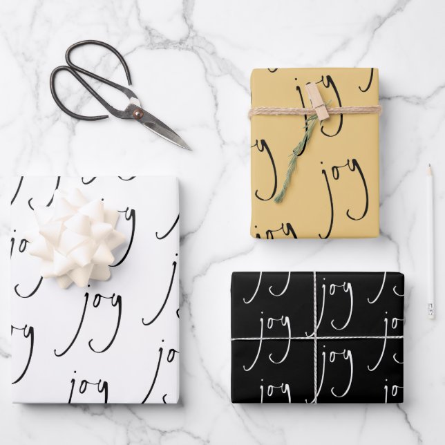 Trendy Script Joy Pattern Gold Black White Wrapping Paper Sheets (Front)