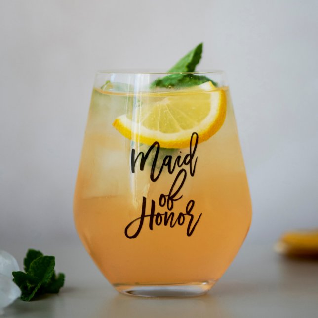 Trendy Script "Maid of Honor" Personalized Stemless Wine Glass (Creator Uploaded)