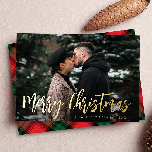 Trendy Script Merry Christmas Photo Foil Holiday Card