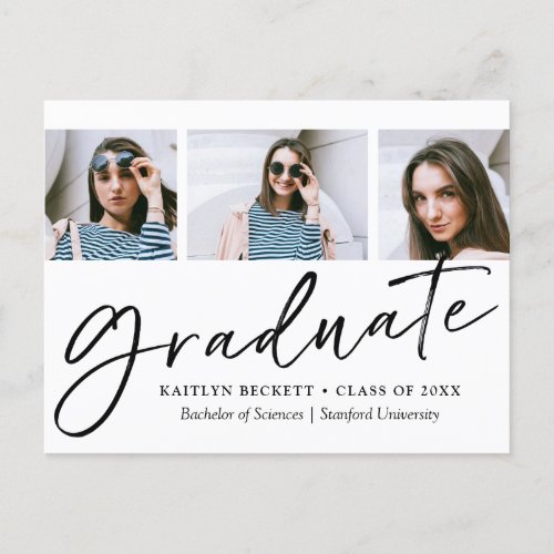 Trendy Script Minimalist 3 Photo Graduation Announcement Postcard