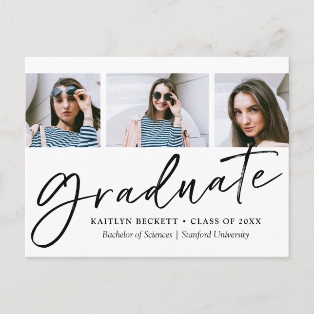 Trendy Script Minimalist 3 Photo Graduation Announcement Postcard (Front)