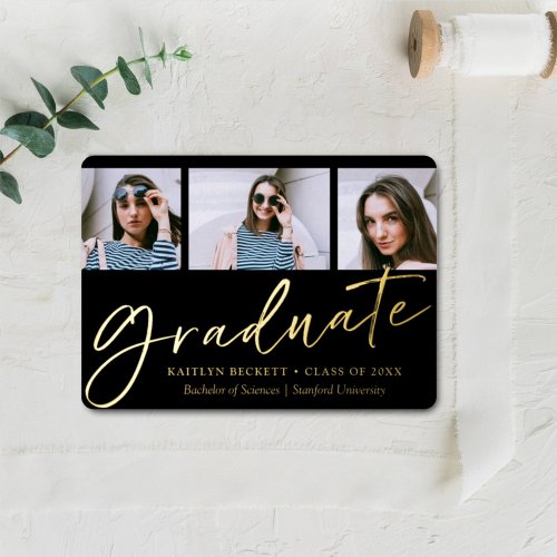 Trendy Script Minimalist 3 Photo Graduation Real Foil Invitation