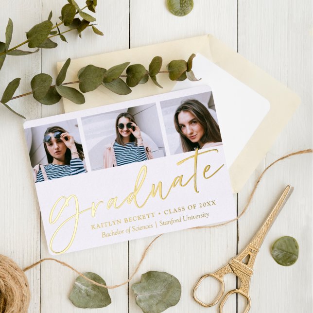 Trendy Script Minimalist 3 Photo Graduation Real Foil Invitation (Creator Uploaded)