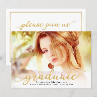 Trendy Script Modern Gold Photo Graduation Invitation