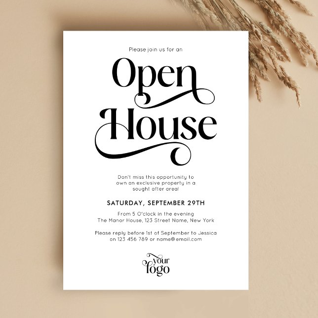Trendy Script Modern Logo Business Open House Invitation (Modern black and white Open House invitation with swirly serif fonts and simple layout)