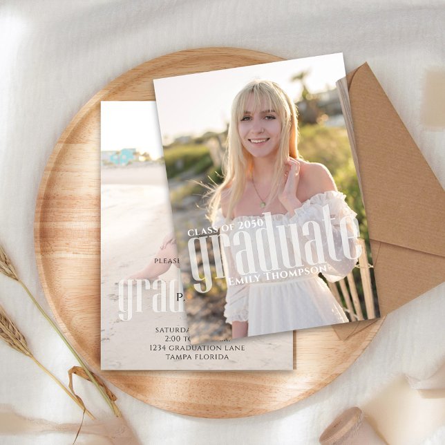 Trendy Script Modern Minimalist Graduation Photo Announcement (Trendy script graduation photo card with modern minimalist layout.)