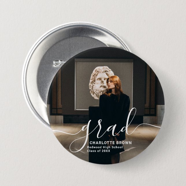 Trendy Script Modern Simple Graduation Photo Button (Front & Back)