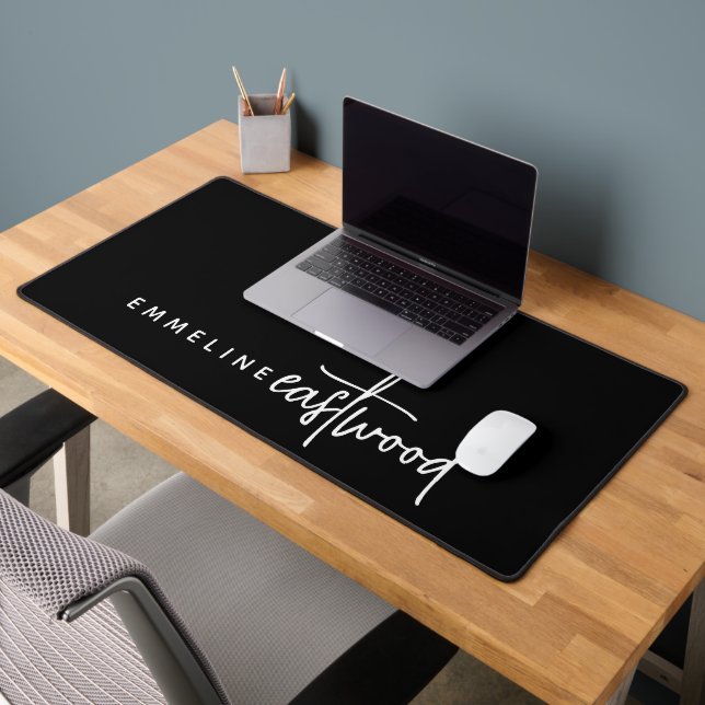 Trendy Script Monogram Black Desk Mat (Office 2)
