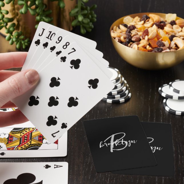 Trendy Script Monogram Black Gray White Poker Cards (In Situ)