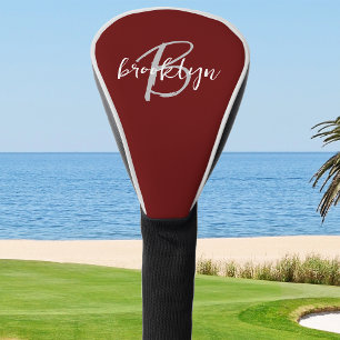 Trendy Script Monogram Burgundy Gray White Golf Head Cover