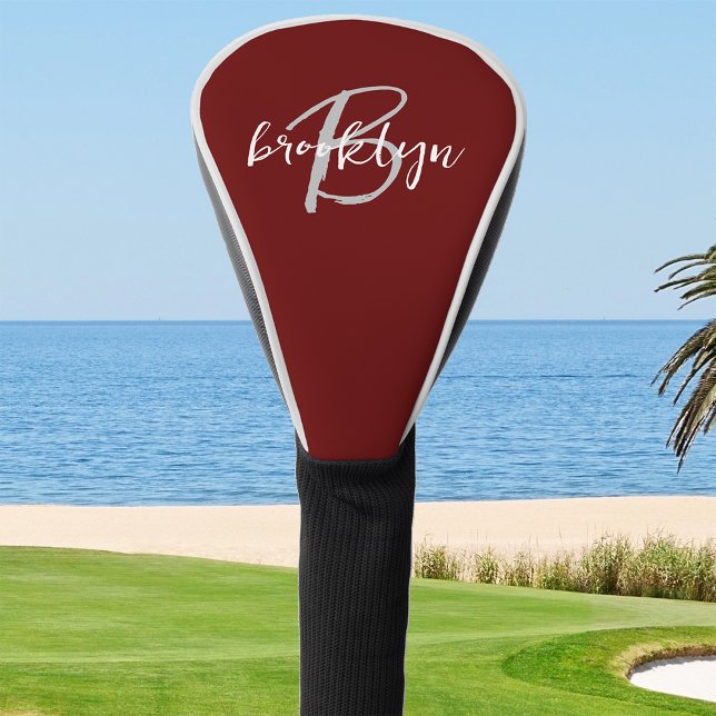 Trendy Script Monogram Burgundy Gray White Golf Head Cover (Creator Uploaded)