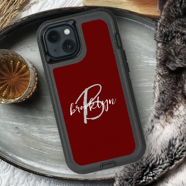 Trendy Script Monogram Burgundy Gray White Otterbox iPhone Case (Creator Uploaded)